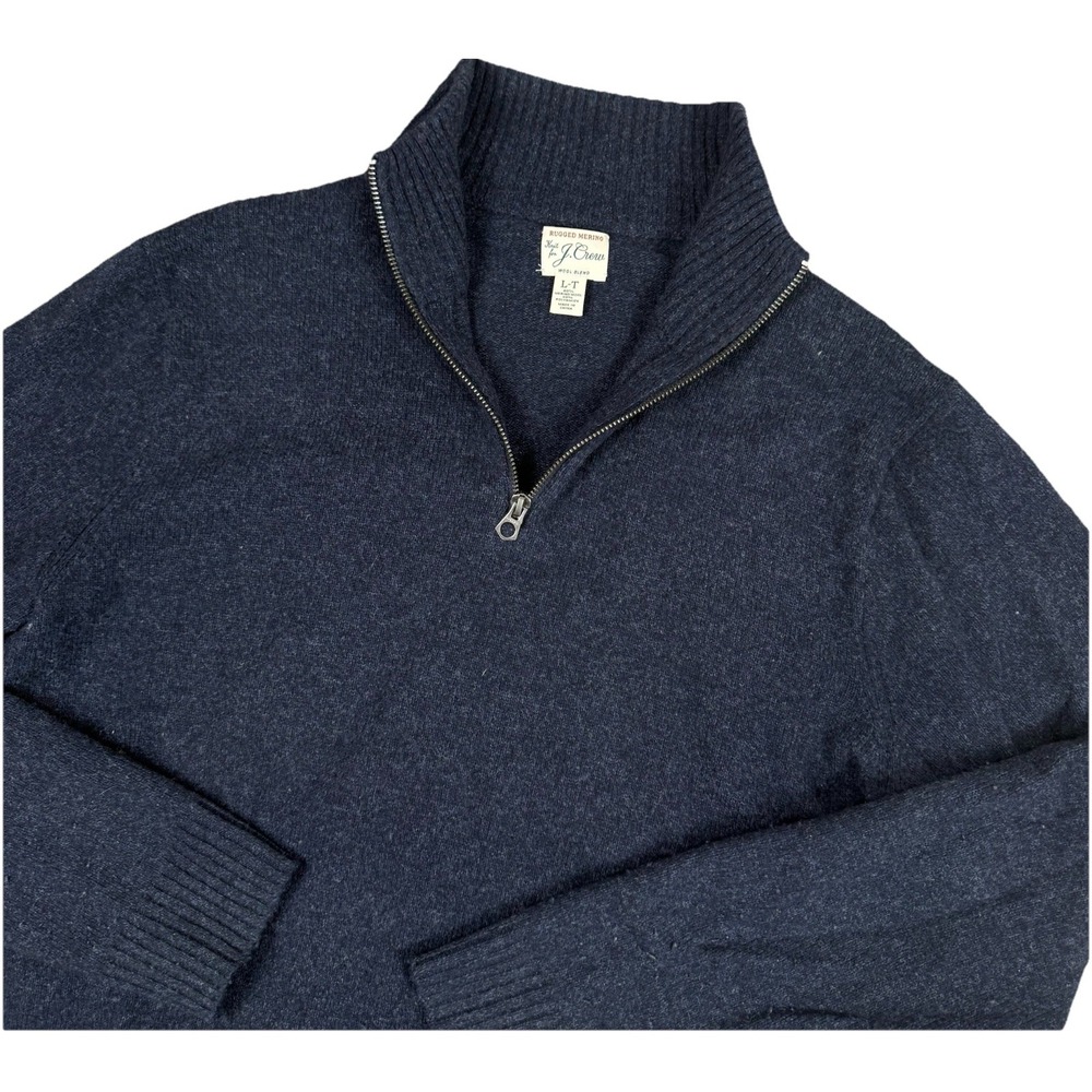J Crew Rugged Merino 1/4 Zip Sweater Mens L-T Navy Blue Wool Blend Knit‎